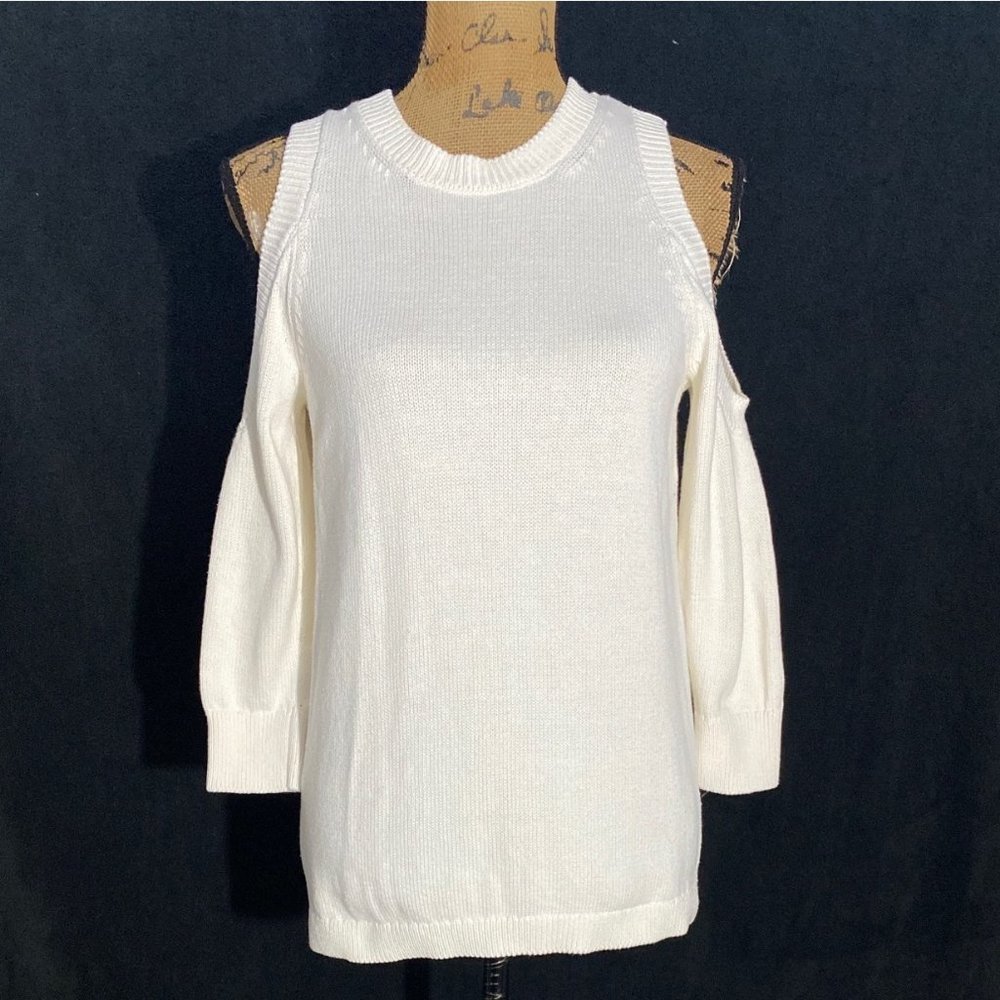 Ann‎ Taylor LOFT S Sweater Off White Cold Shoulder 3/4 Sl Knit Fabric